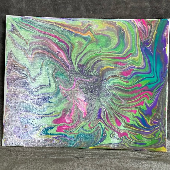 Paint Pour - 8”x10” neon metallic acrylics on canvas board - Picture 2 of 5